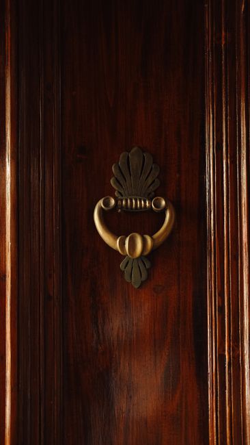 Antique brass door knocker mounted on a polished dark wood door